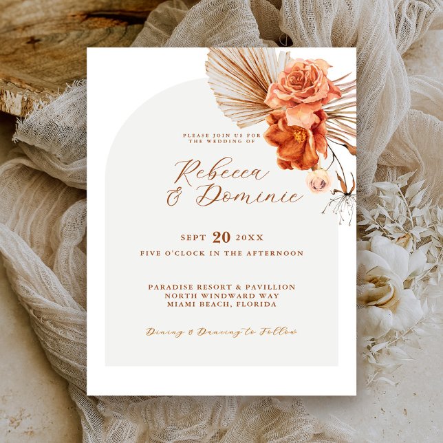 Convite Casamento Rústico Floral Laranja Queimado Boêmio (Criador carregado)