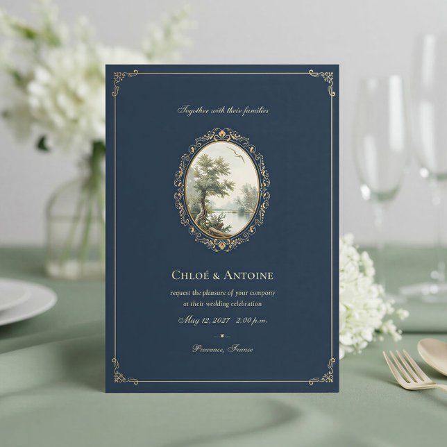 Convite Casamento Rústico Francês em Azul Marinho e Dourad (Criador carregado)