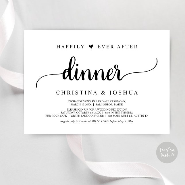 Convite Casamento Rústico Fuga para o Casamento Jantar Fel (Happily Ever After Dinner Invitation Card, Modern Elopement Rustic Script, PDF, Black and White)
