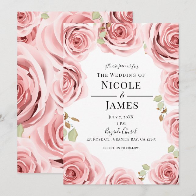 Convite Casamento Rústico Glam Rosa Shabby Chic Floral Ros (Frente/Verso)