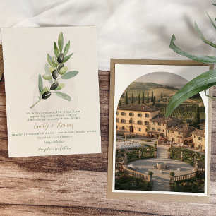 Convite Casamento Rústico Italiano com Aquarela de Oliveir