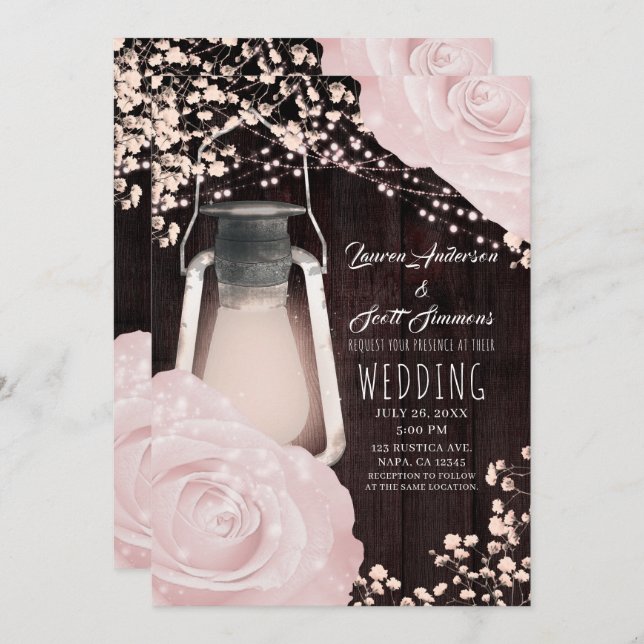 Convite Casamento Rústico Lanterna Bebê Rosa Rosas Rosa (Frente/Verso)
