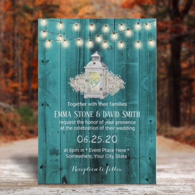 Convite Casamento Rústico Lanterna e Luzes de Cordas (Criador carregado)