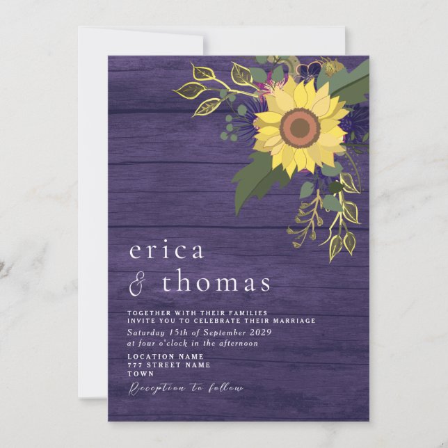 Convite Casamento Rústico Lilás com Girassóis (Frente)
