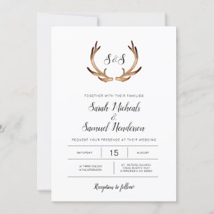 Convite Casamento Rústico Mínimo de Antler Watercolor