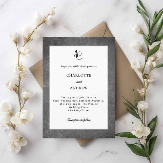 Convite Casamento rústico moderno monograma cinza branco (Criador carregado)