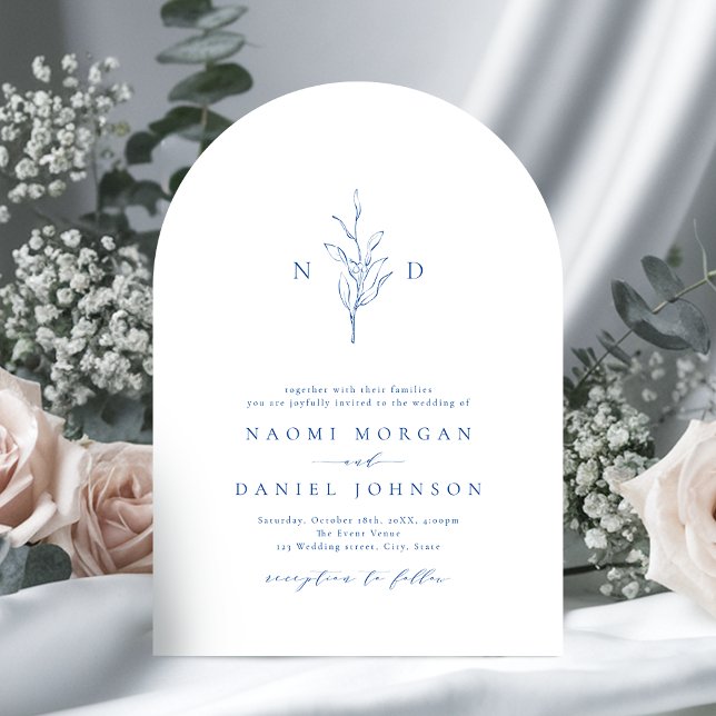 Convite Casamento rústico monograma com elegância azul (Blue elegance botanical monogram rustic wedding invitation)