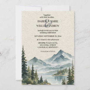 Convite Casamento Rústico Montanhas Pinhos Aquarela