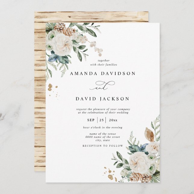 Convite Casamento Rústico Natural Pine Greenery & Red Berr (Frente/Verso)