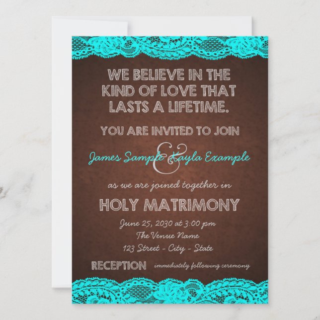 Convite Casamento Rústico no Campo com Azul Teal e Marrom (Frente)