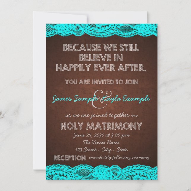 Convite Casamento Rústico no Campo com Azul Teal e Marrom (Frente)