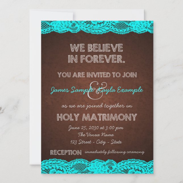 Convite Casamento Rústico no Campo com Azul Teal e Marrom (Frente)