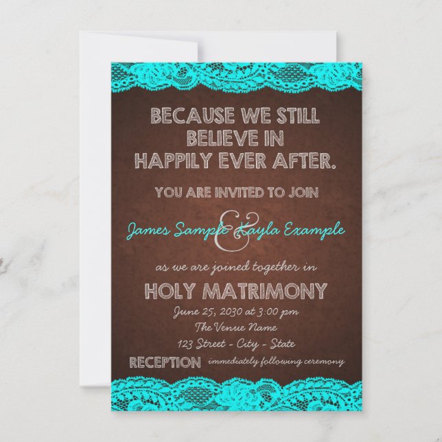 Convite Casamento Rústico no Campo com Azul Teal e Marrom (Frente)