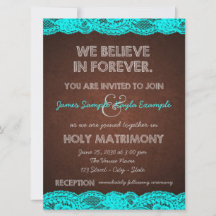 Convite Casamento Rústico no Campo com Azul Teal e Marrom