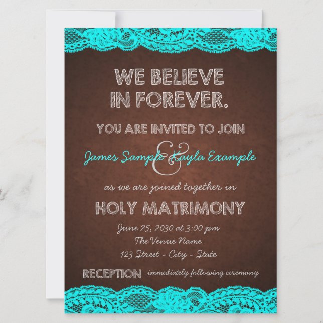 Convite Casamento Rústico no Campo com Azul Teal e Marrom (Frente)