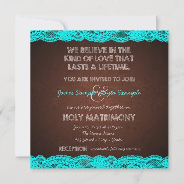 Convite Casamento Rústico no Campo com Azul Teal e Marrom (Frente)
