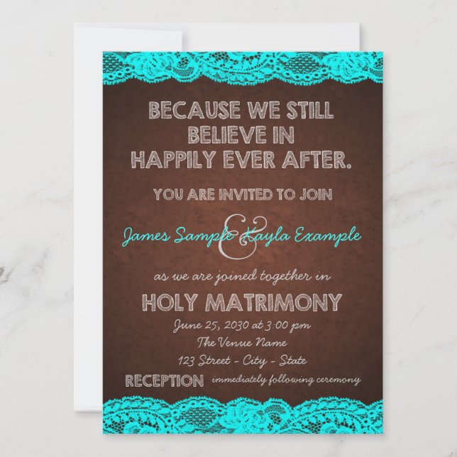 Convite Casamento Rústico no Campo com Azul Teal e Marrom (Frente)