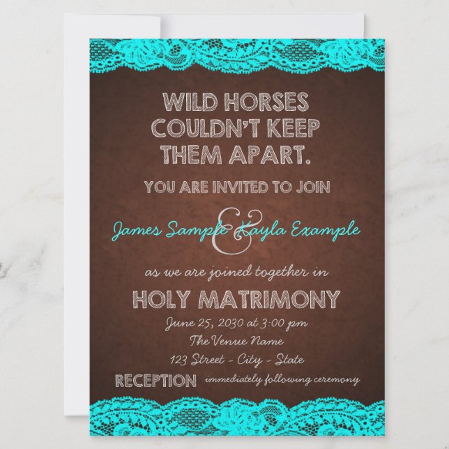 Convite Casamento Rústico no Campo com Azul Teal e Marrom (Frente)