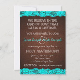 Convite Casamento Rústico no Campo com Azul Teal e Marrom