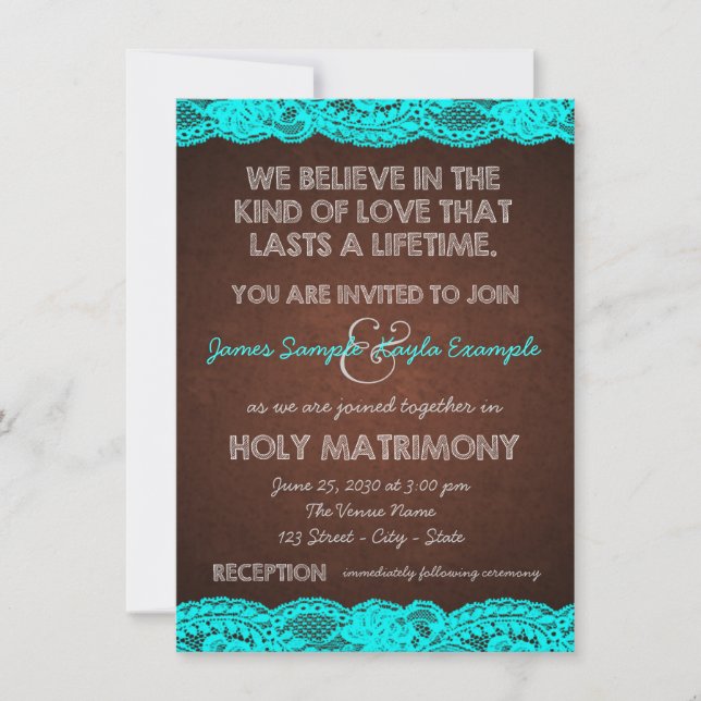 Convite Casamento Rústico no Campo com Azul Teal e Marrom (Frente)