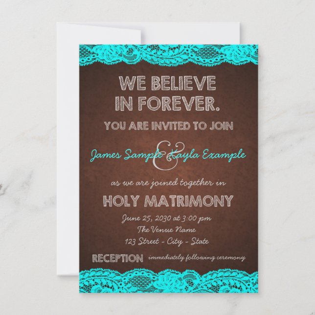 Convite Casamento Rústico no Campo com Azul Teal e Marrom (Frente)