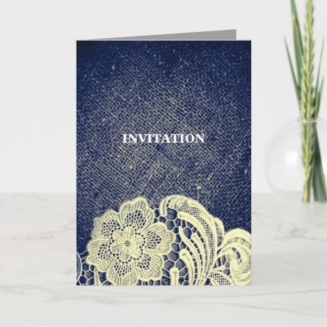 Convite casamento rústico no campo com renda e azul marinh (Frente)