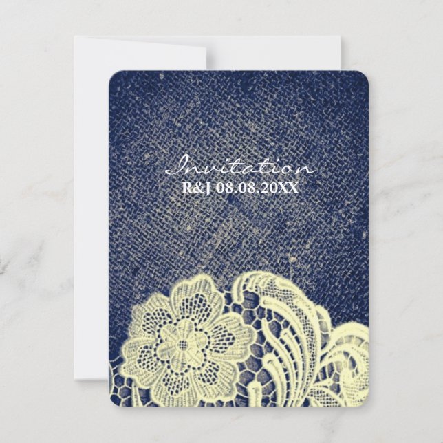 Convite casamento rústico no campo com renda e azul naval  (Frente)