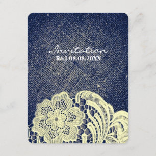 Convite casamento rústico no campo com renda e azul naval 