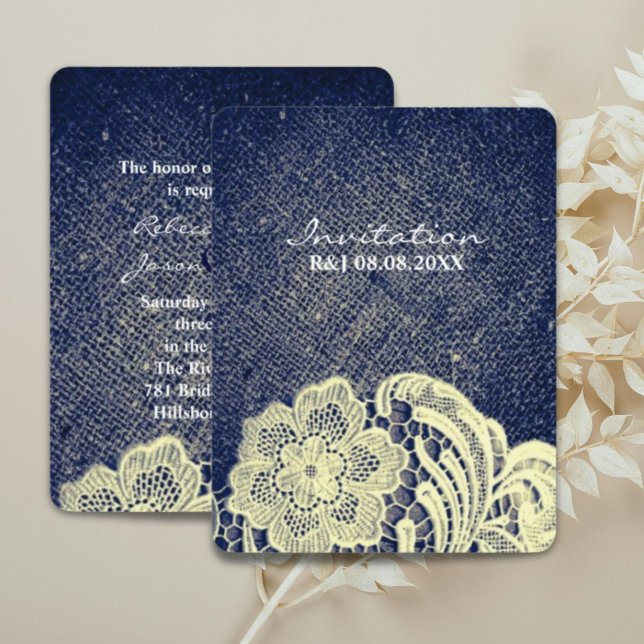 Convite casamento rústico ocidental país azul marinho rend (rustic western country navy blue lace wedding invitation)