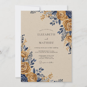 Convite Casamento Rústico Ornamentado em Dourado e Azul Ma