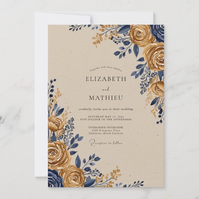 Convite Casamento Rústico Ornamentado em Dourado e Azul Ma (Frente)