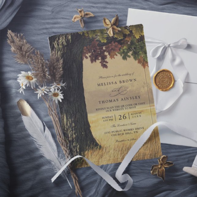 Convite Casamento Rústico País Código QR Árvore de Carvalh (Criador carregado)