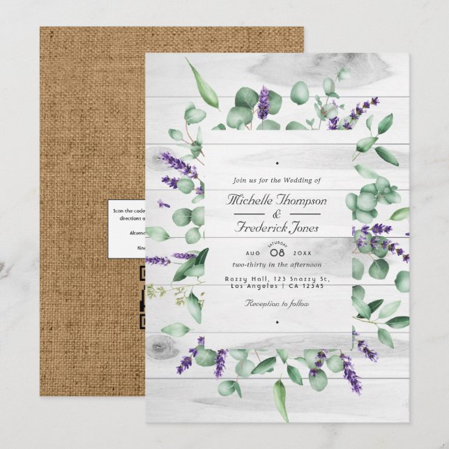 Convite Casamento Rústico País Eucalipto Lavanda Código QR (Frente/Verso)