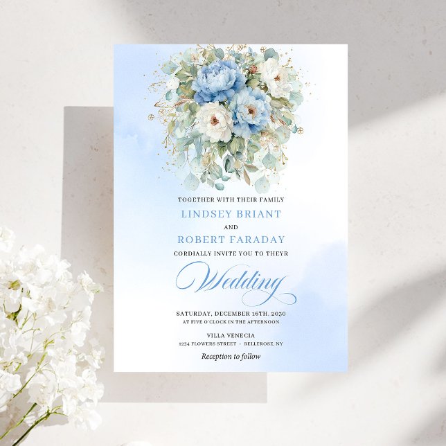 Convite Casamento Rústico Pastel Azul Branco Peônia Eucali (Rustic Pastel Blue White Peony Eucalyptus Gold Wedding)