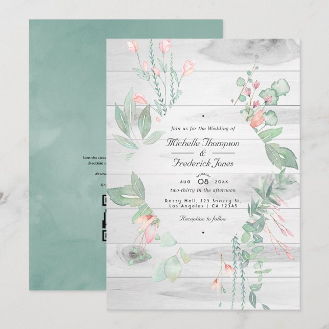 Convite Casamento Rústico Pastel com Vegetação no Jardim R (Frente/Verso)