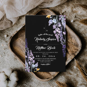Convite Casamento Rústico Preto de Flores Silvestres Moder