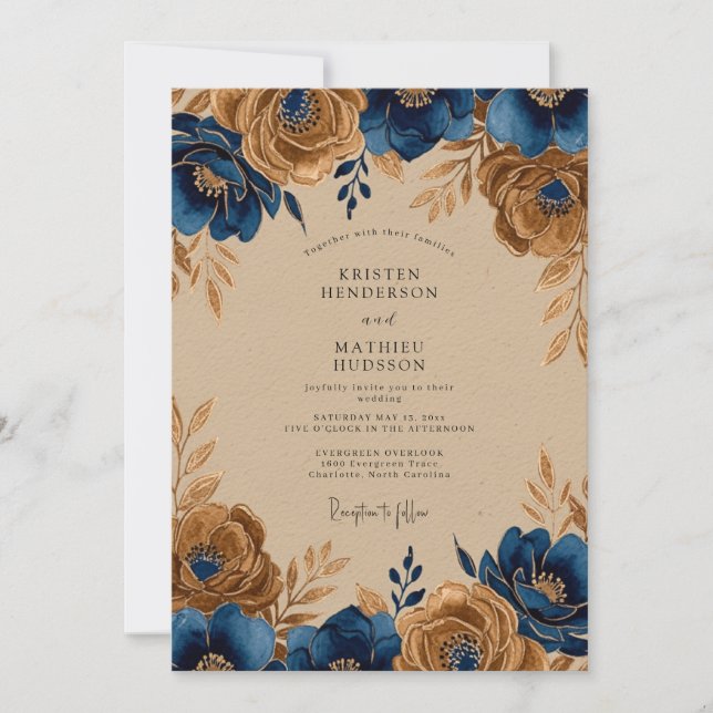 Convite Casamento Rústico Regal Azul Marinho Dourado (Frente)