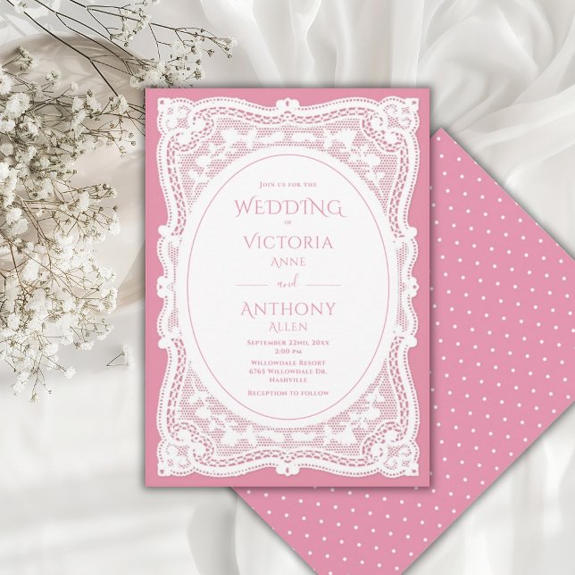 Convite Casamento Rústico Rosa com Renda Branca Vintage (Criador carregado)