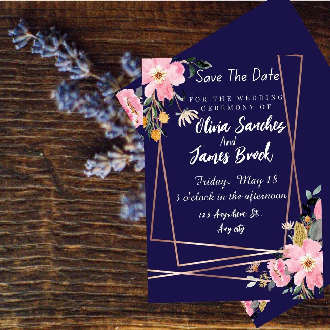 Convite Casamento Rústico Rosa Floral Azul Marinho (Criador carregado)