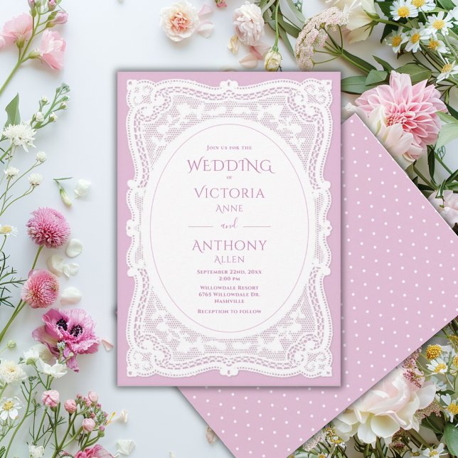 Convite Casamento Rústico Roxo com Renda Branca Vintage (Criador carregado)