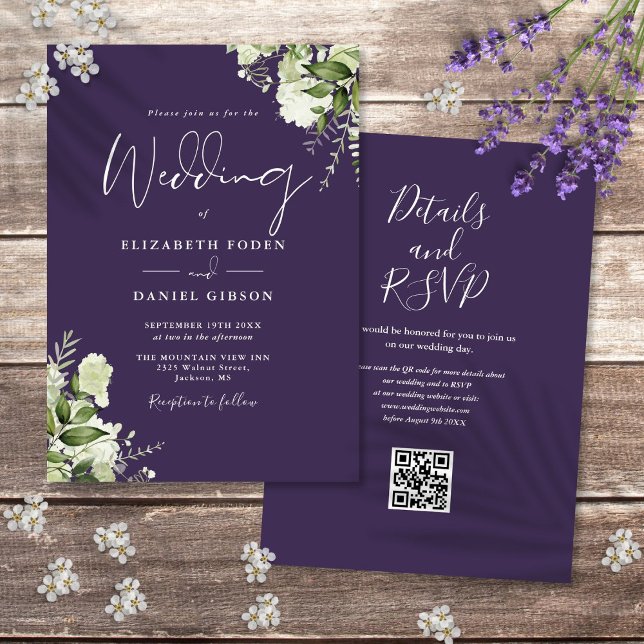 Convite Casamento Rústico Roxo Floral Código QR (Rustic Purple Floral QR Code Wedding Invitation)