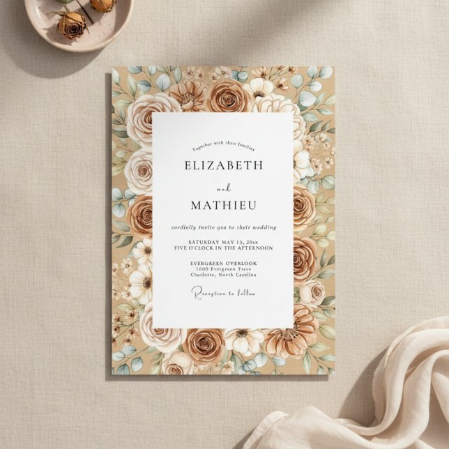 Convite Casamento Rústico Taupe e Branco em Flor (Criador carregado)