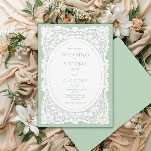 Convite Casamento Rústico Verde com Renda Branca Vintage
