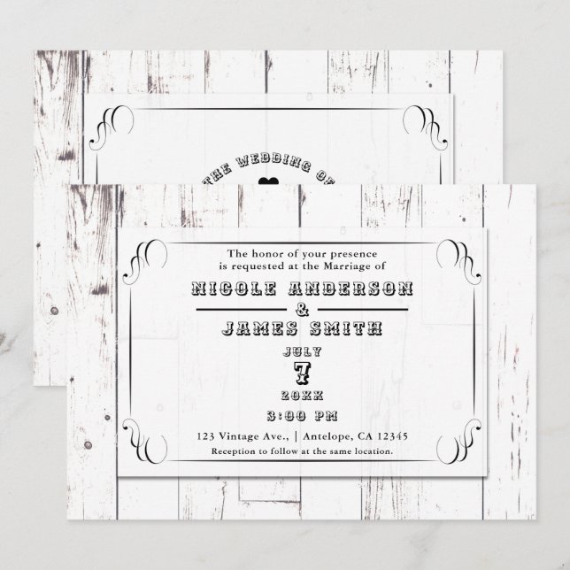 Convite Casamento Rústico Vintage Shabby Chic Branco com R (Frente/Verso)