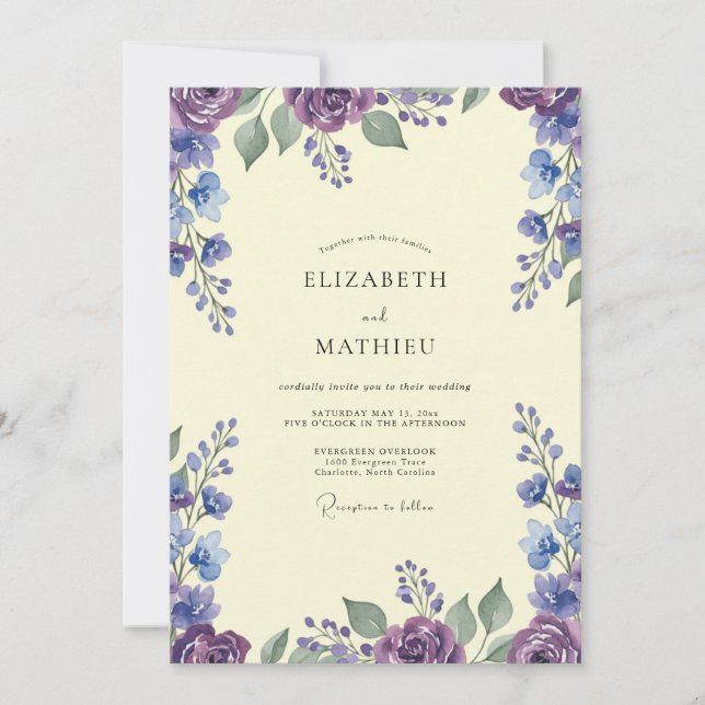 Convite Casamento Rústico Violeta com Folhas de Vinca (Frente)