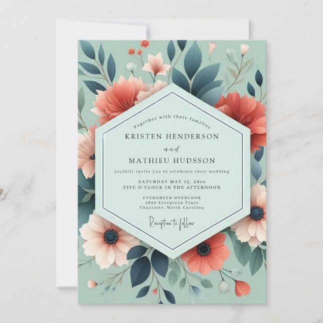 Convite Casamento Sage Coral Artful Bloom (Frente)