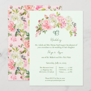 Convite Casamento Sage Green e Pink Floral Sikh Ik Onkar