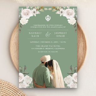 Convite Casamento Sage Green Floral Anand Karaj Indian Sik