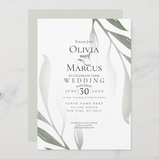 Convite Casamento | Sage Green Olive Branch Leaf (Frente/Verso)