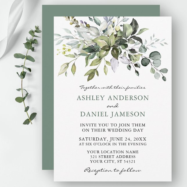 Convite Casamento Sage Green Watercolor Greenerescência Bo (Customize to change text color, style, add text & photos to back or change color of back of card.)